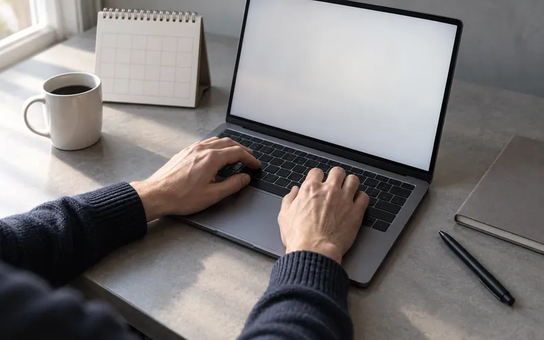 A desk with a laptop, a paper calendar and a mug, seen from above